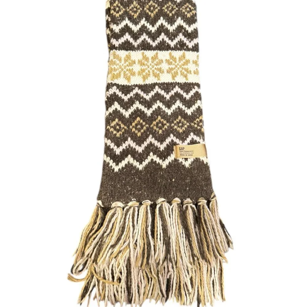 Vintage GAP Wool Blend Knit Scarf – Fair Isle Pattern, Brown & Cream, Long Fring
